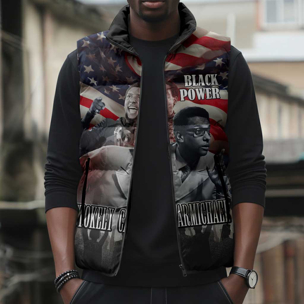 Stokely Carmichael Sleeveless Puffer Jacket American Flag Background Black Power Quote Civil Rights Leader Powerful Speech - African Pride