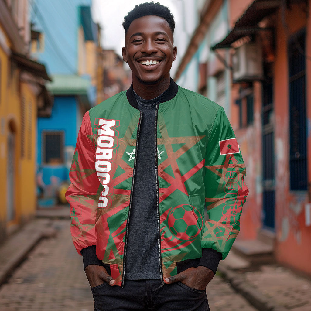 Personalized Morocco Football Bomber Jacket Geometric Star Flag Soccer National Pride