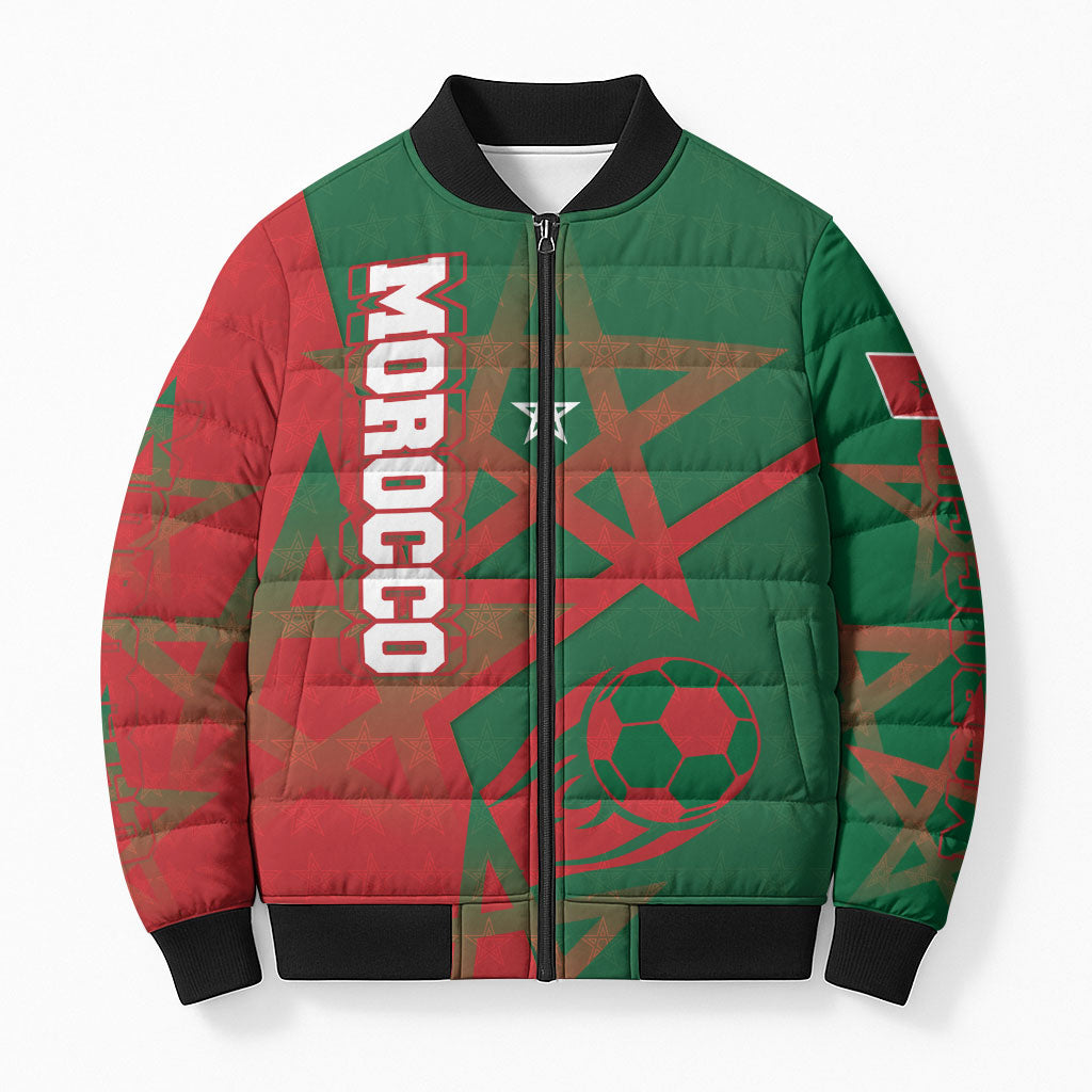Personalized Morocco Football Bomber Puffer Jacket Geometric Star Flag Soccer National Pride