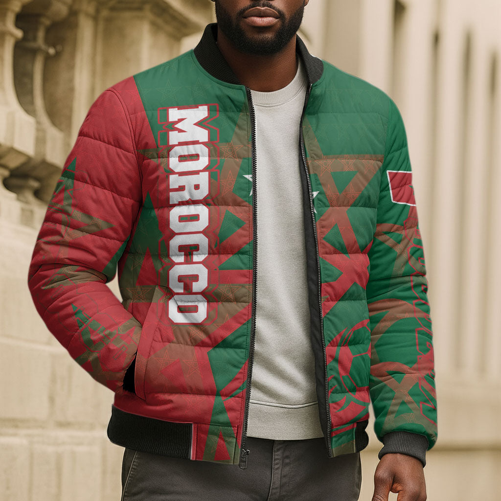 Personalized Morocco Football Bomber Puffer Jacket Geometric Star Flag Soccer National Pride