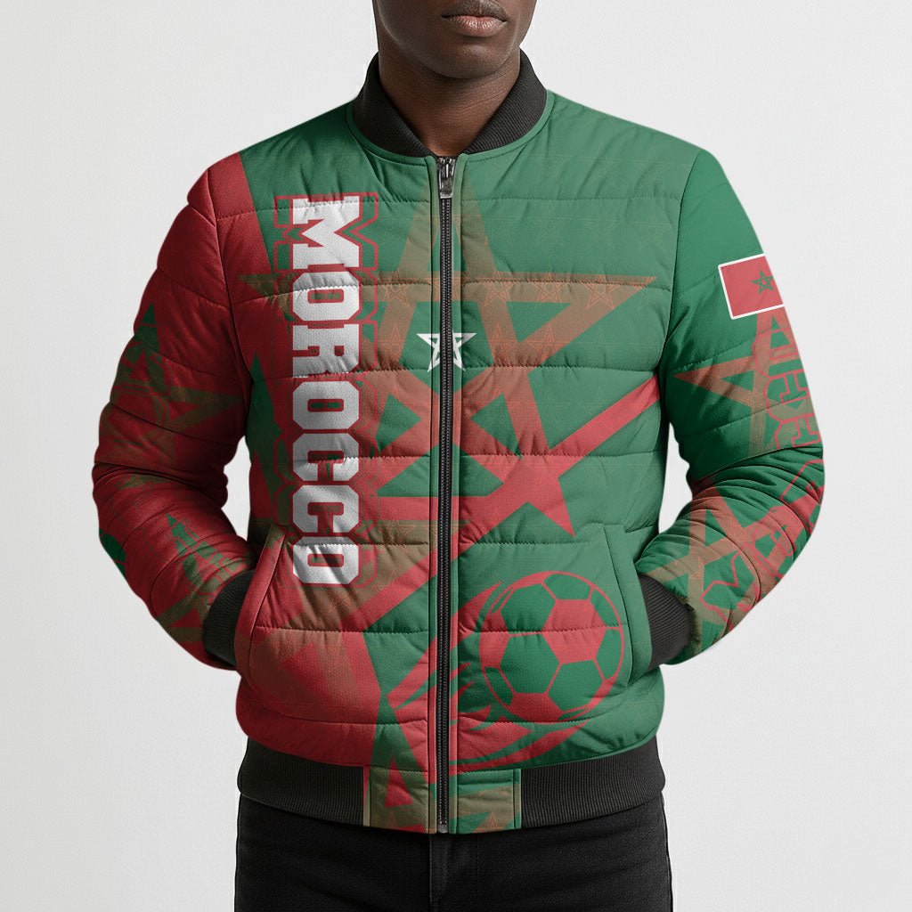 Personalized Morocco Football Bomber Puffer Jacket Geometric Star Flag Soccer National Pride