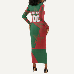 Personalized Morocco Football Long Sleeve Bodycon Dress Geometric Star Flag Soccer National Pride