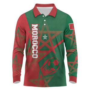 Personalized Morocco Football Long Sleeve Polo Shirt Geometric Star Flag Soccer National Pride