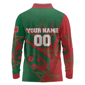 Personalized Morocco Football Long Sleeve Polo Shirt Geometric Star Flag Soccer National Pride