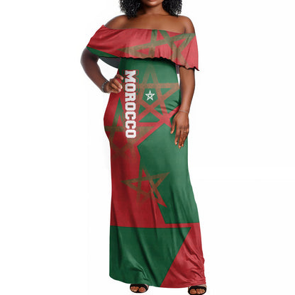 Personalized Morocco Football Off Shoulder Maxi Dress Geometric Star Flag Soccer National Pride