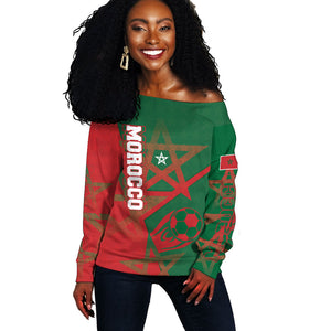 Personalized Morocco Football Off Shoulder Sweater Geometric Star Flag Soccer National Pride