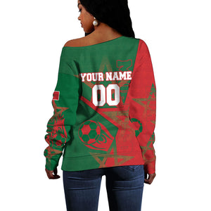 Personalized Morocco Football Off Shoulder Sweater Geometric Star Flag Soccer National Pride