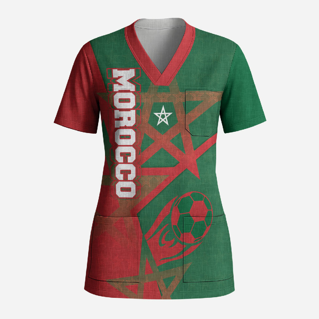 Personalized Morocco Football Scrub Top Geometric Star Flag Soccer National Pride