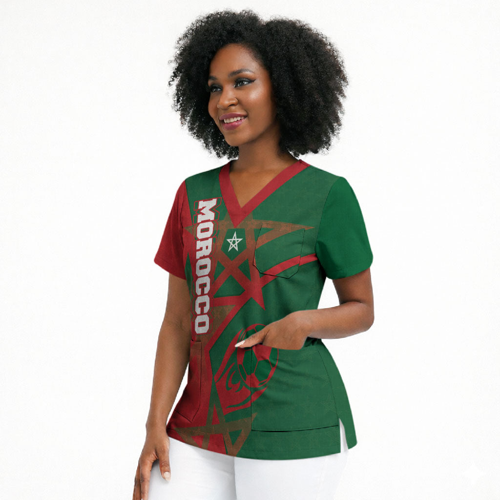 Personalized Morocco Football Scrub Top Geometric Star Flag Soccer National Pride