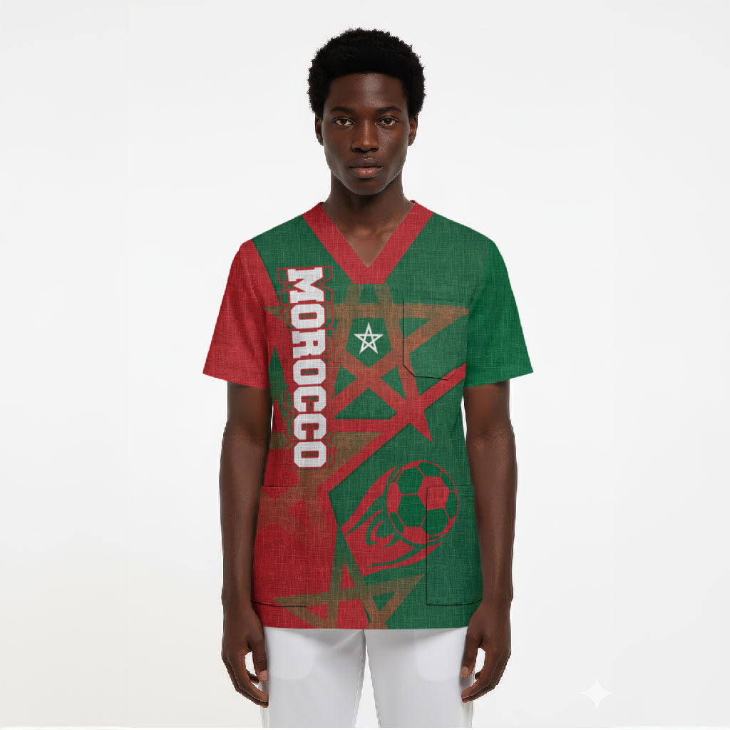 Personalized Morocco Football Scrub Top Geometric Star Flag Soccer National Pride