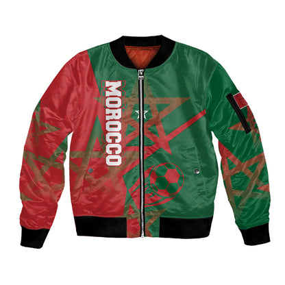 Personalized Morocco Football Sleeve Zip Bomber Jacket Geometric Star Flag Soccer National Pride