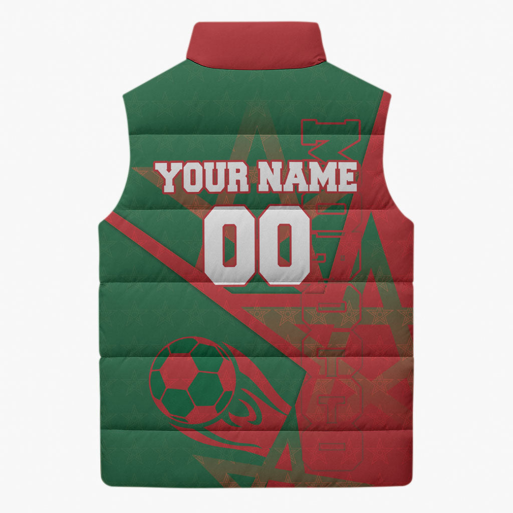 Personalized Morocco Football Sleeveless Puffer Jacket Geometric Star Flag Soccer National Pride