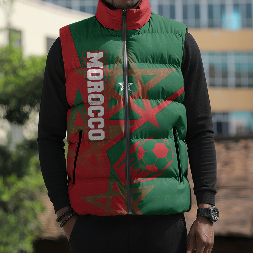 Personalized Morocco Football Sleeveless Puffer Jacket Geometric Star Flag Soccer National Pride