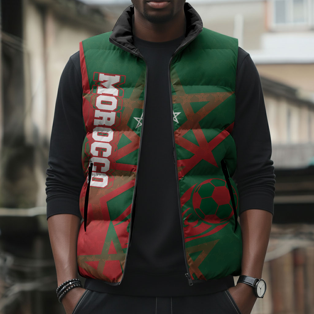 Personalized Morocco Football Sleeveless Puffer Jacket Geometric Star Flag Soccer National Pride