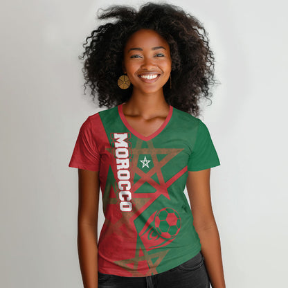 Personalized Morocco Football Women V-Neck T-Shirt Geometric Star Flag Soccer National Pride
