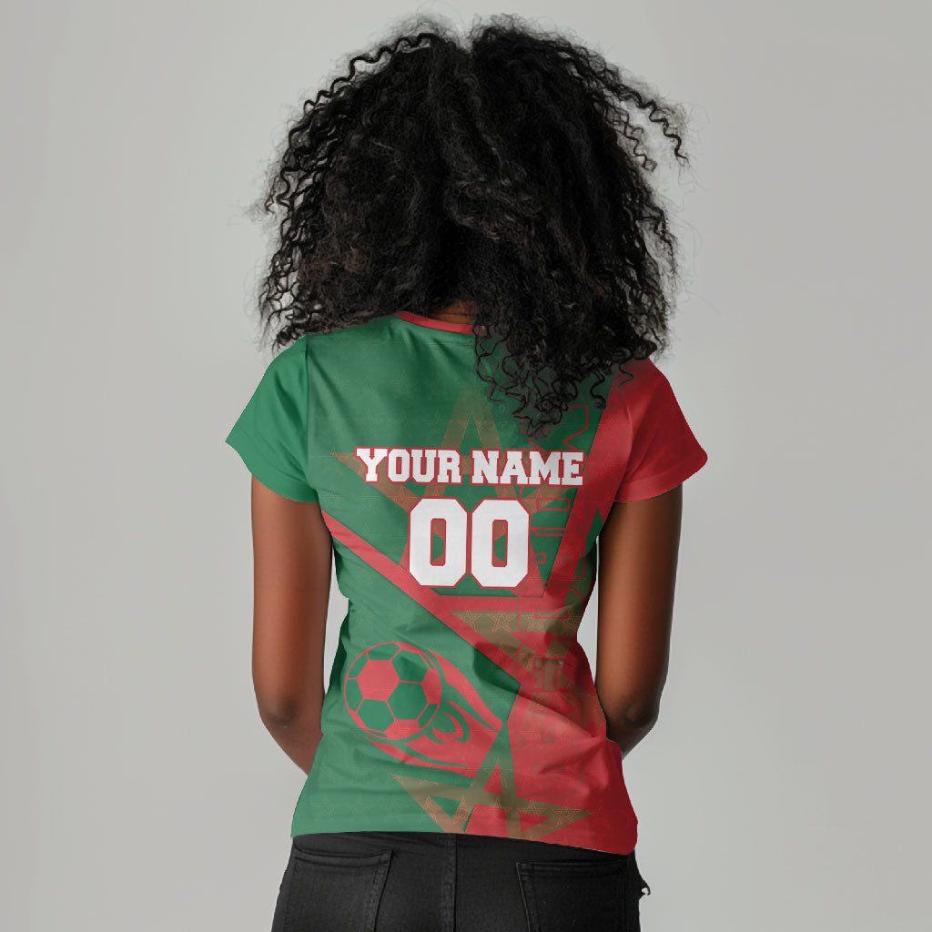 Personalized Morocco Football Women V-Neck T-Shirt Geometric Star Flag Soccer National Pride