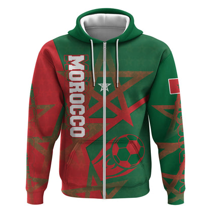 Personalized Morocco Football Zip Hoodie Geometric Star Flag Soccer National Pride