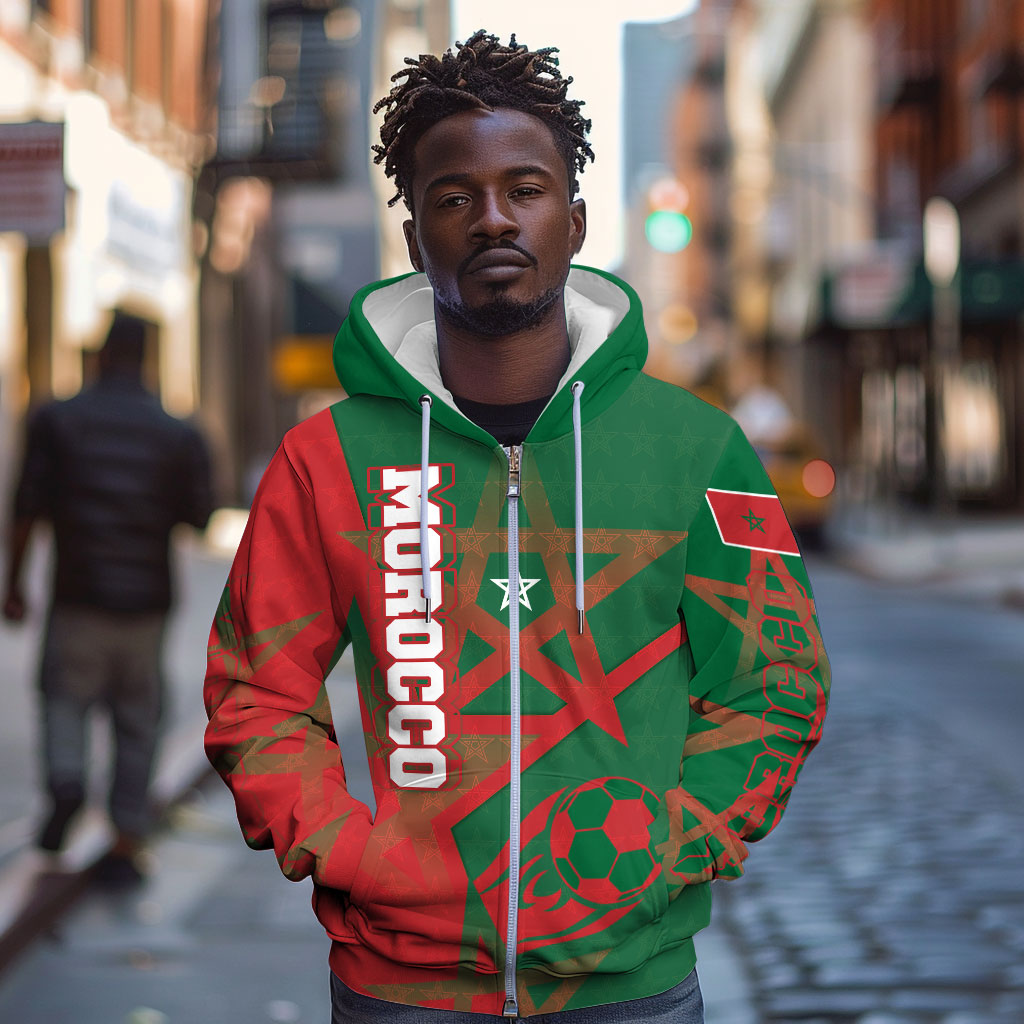 Personalized Morocco Football Zip Hoodie Geometric Star Flag Soccer National Pride