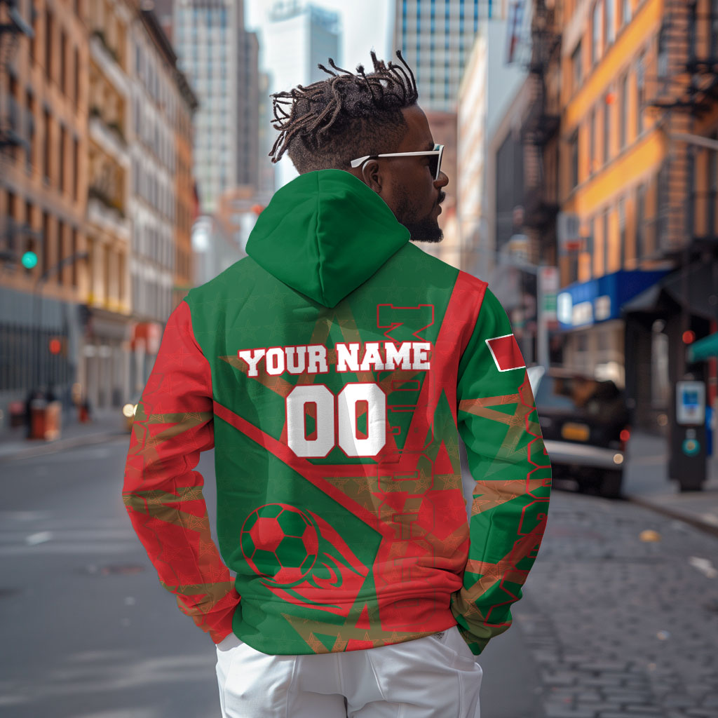 Personalized Morocco Football Zip Hoodie Geometric Star Flag Soccer National Pride