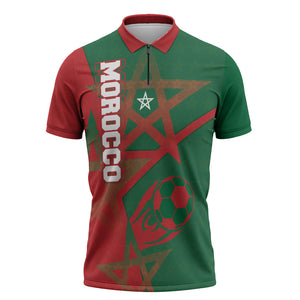 Personalized Morocco Football Zipper Polo Shirt Geometric Star Flag Soccer National Pride