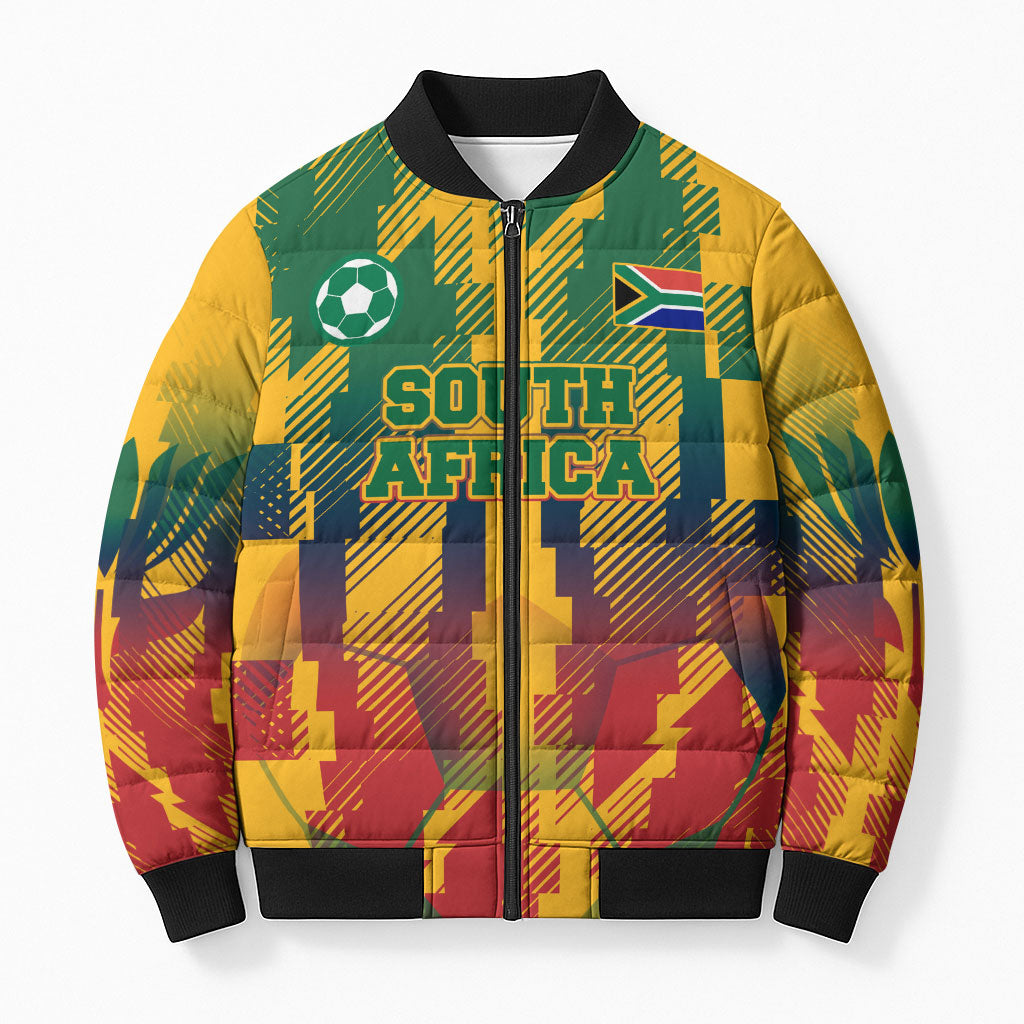 Personalized South Africa Football Bomber Puffer Jacket South African Flag Inspiration - Soccer Graphic Bold Color Blocks