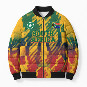 Personalized South Africa Football Bomber Puffer Jacket South African Flag Inspiration - Soccer Graphic Bold Color Blocks