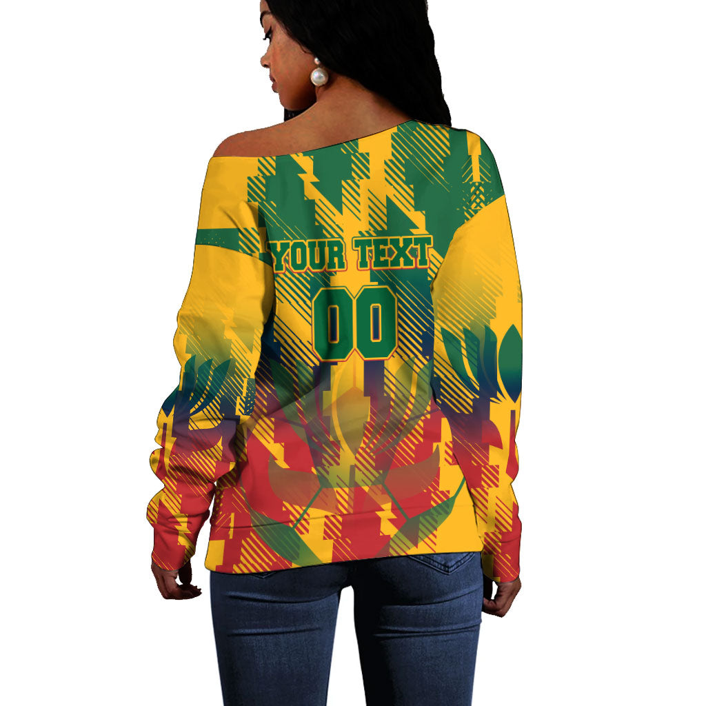 Personalized South Africa Football Off Shoulder Sweater South African Flag Inspiration - Soccer Graphic Bold Color Blocks