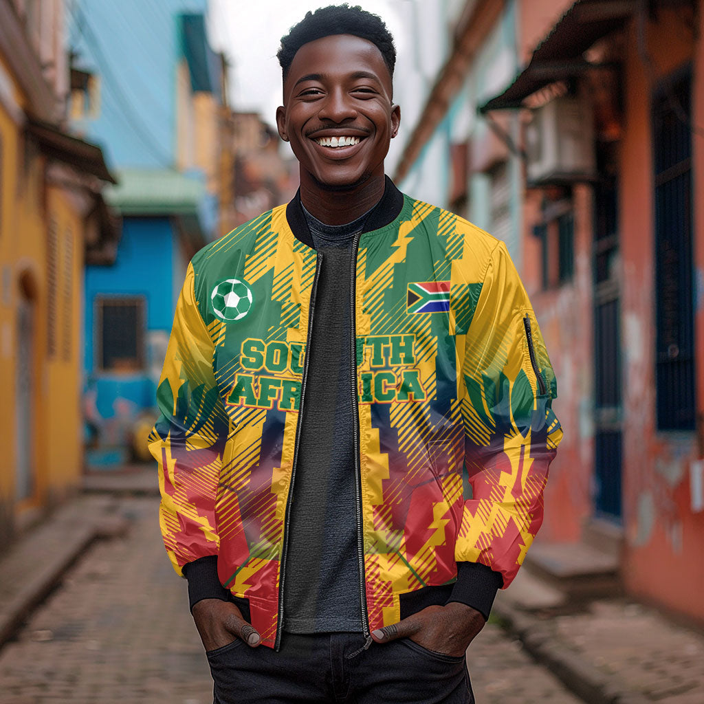 Personalized South Africa Football Sleeve Zip Bomber Jacket South African Flag Inspiration - Soccer Graphic Bold Color Blocks