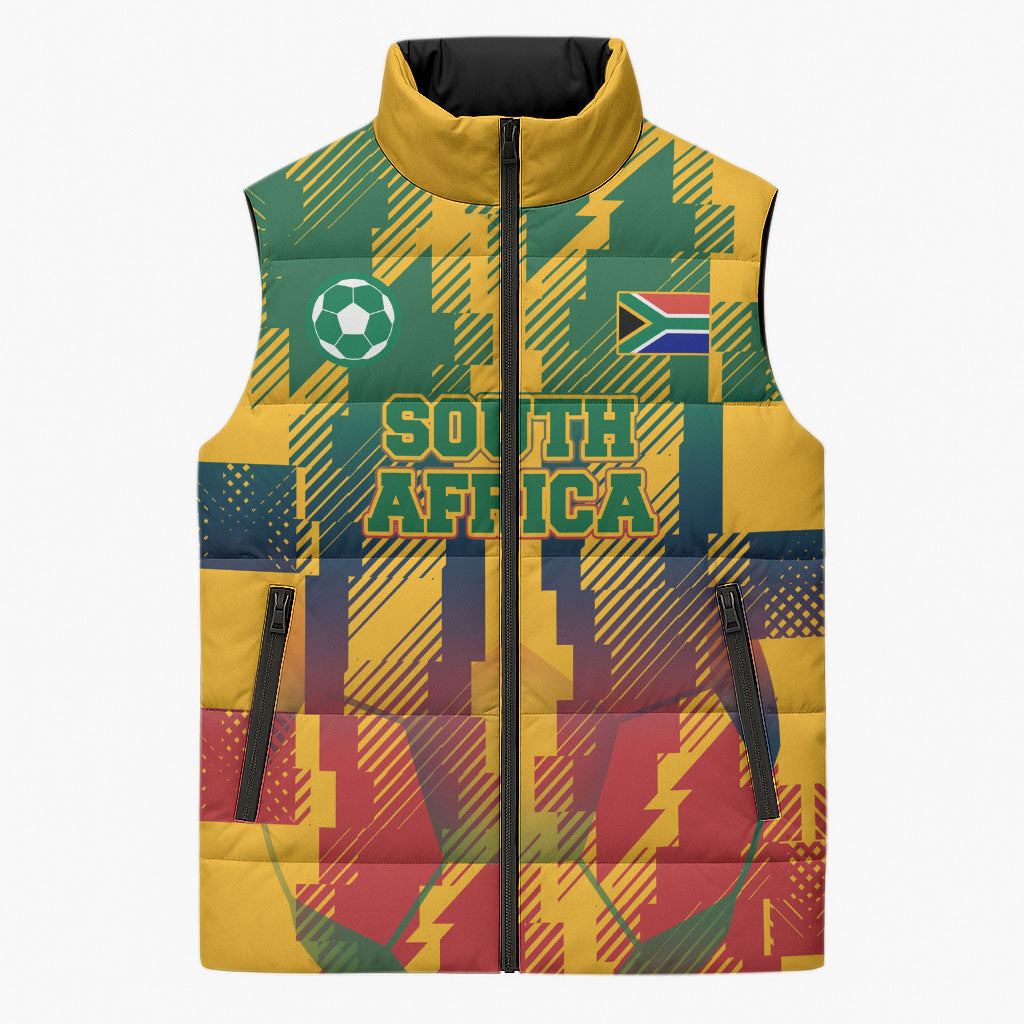 Personalized South Africa Football Sleeveless Puffer Jacket South African Flag Inspiration - Soccer Graphic Bold Color Blocks