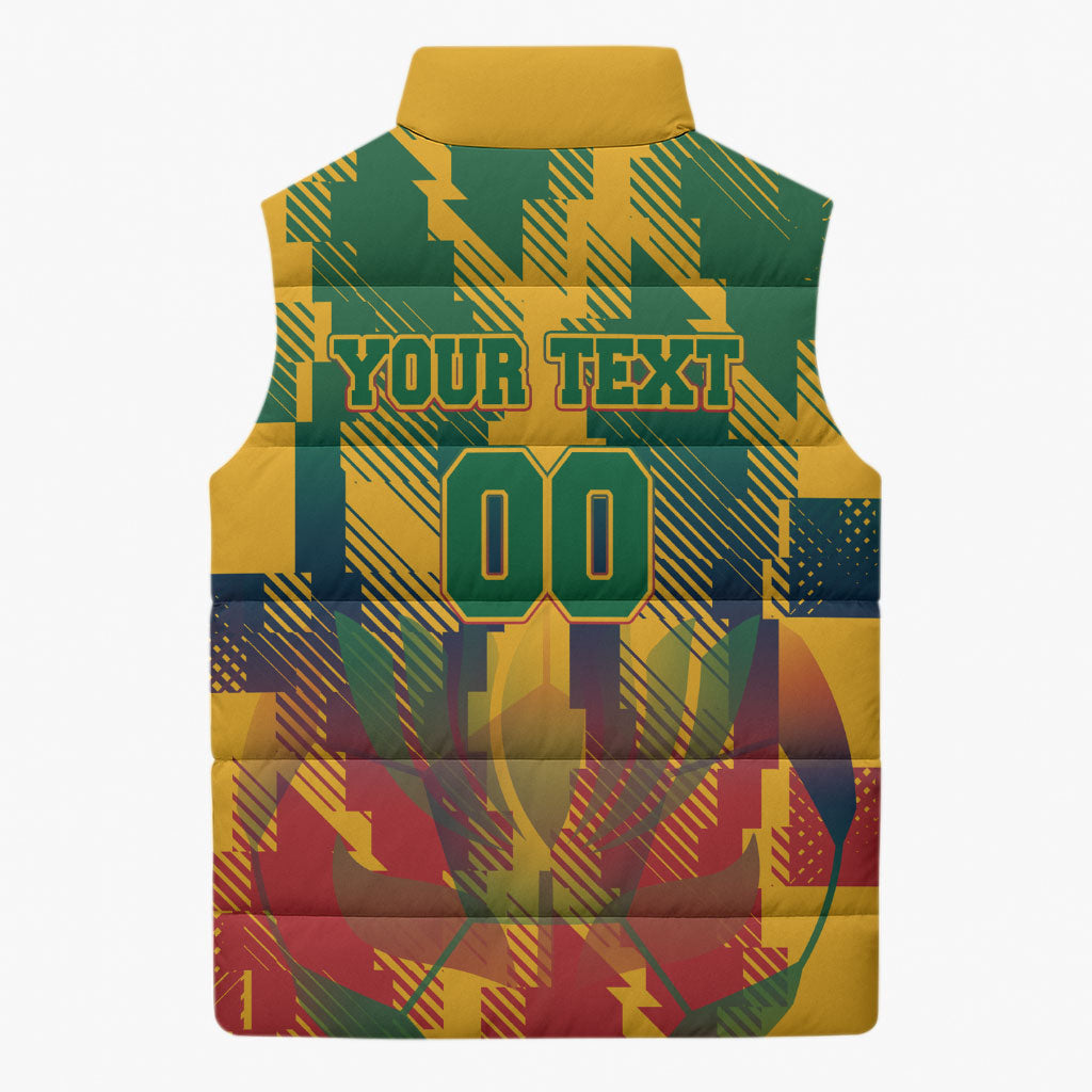 Personalized South Africa Football Sleeveless Puffer Jacket South African Flag Inspiration - Soccer Graphic Bold Color Blocks