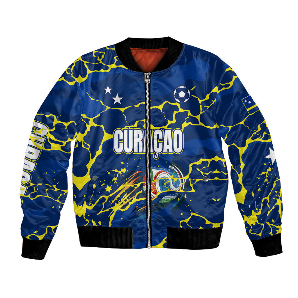 Personalized Curacao Football Bomber Jacket Caribbean Splash Paint Soccer Graphic