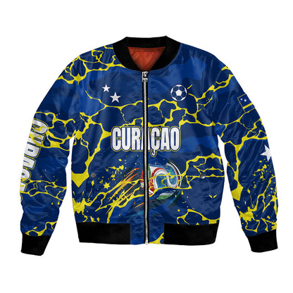 Personalized Curacao Football Bomber Jacket Caribbean Splash Paint Soccer Graphic