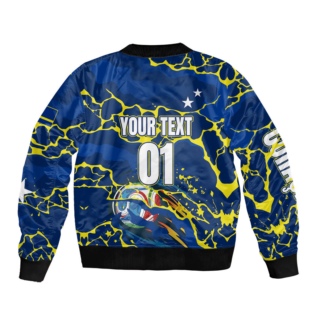 Personalized Curacao Football Bomber Jacket Caribbean Splash Paint Soccer Graphic