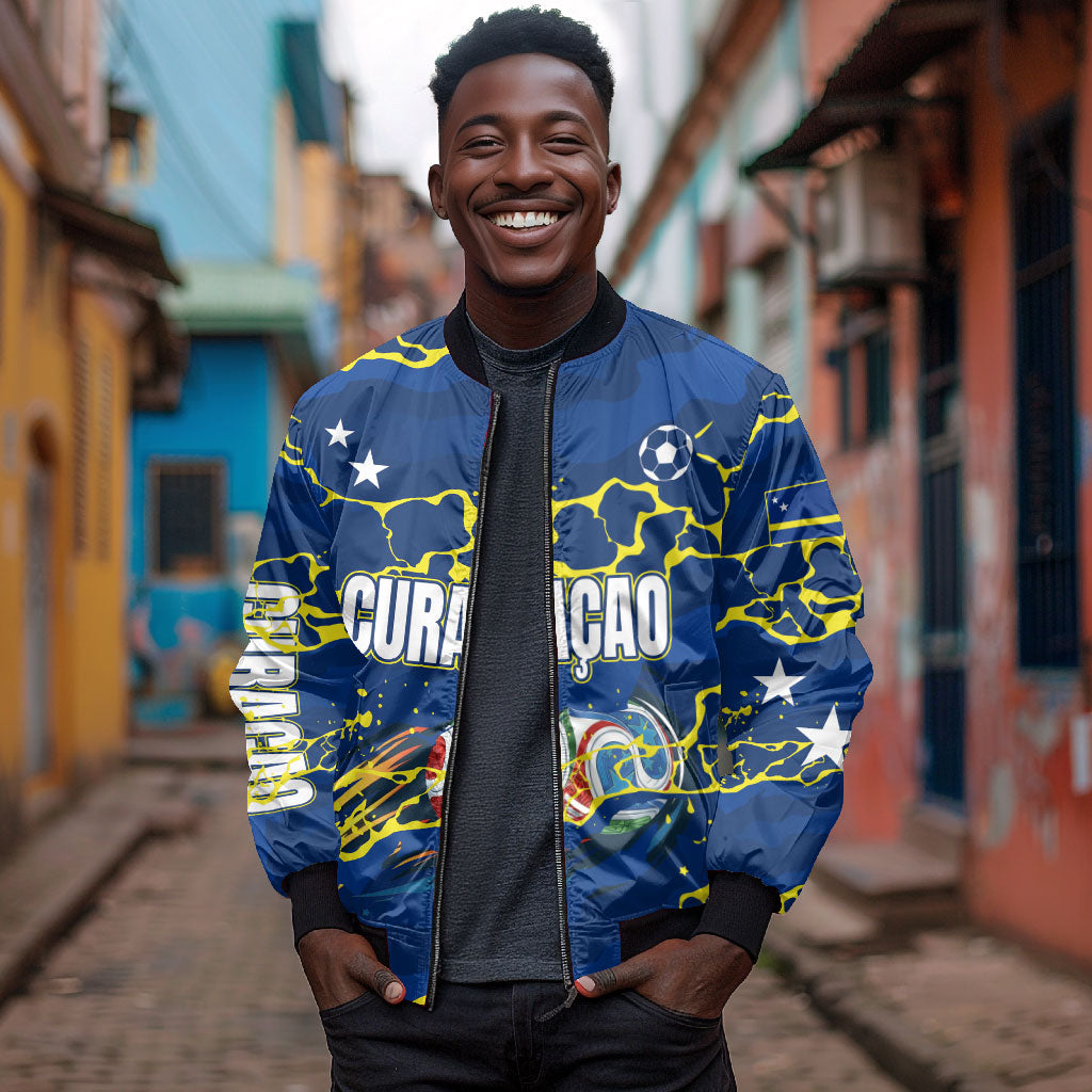 Personalized Curacao Football Bomber Jacket Caribbean Splash Paint Soccer Graphic