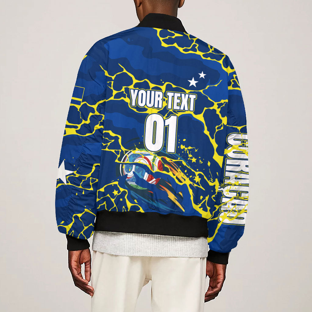 Personalized Curacao Football Bomber Jacket Caribbean Splash Paint Soccer Graphic
