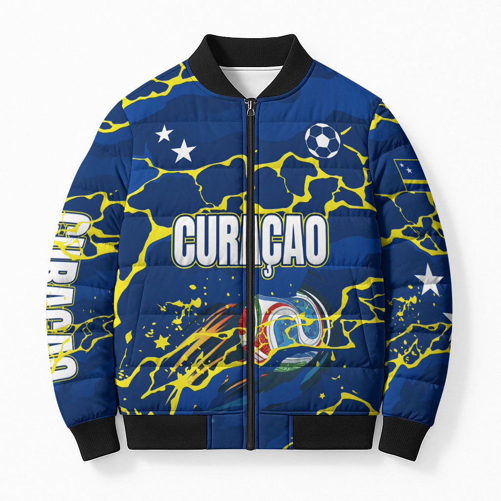 Personalized Curacao Football Bomber Puffer Jacket Caribbean Splash Paint Soccer Graphic