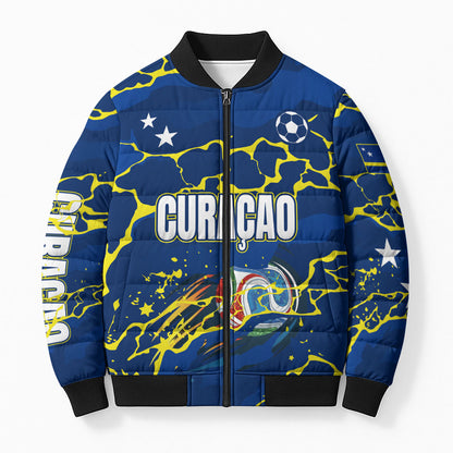 Personalized Curacao Football Bomber Puffer Jacket Caribbean Splash Paint Soccer Graphic