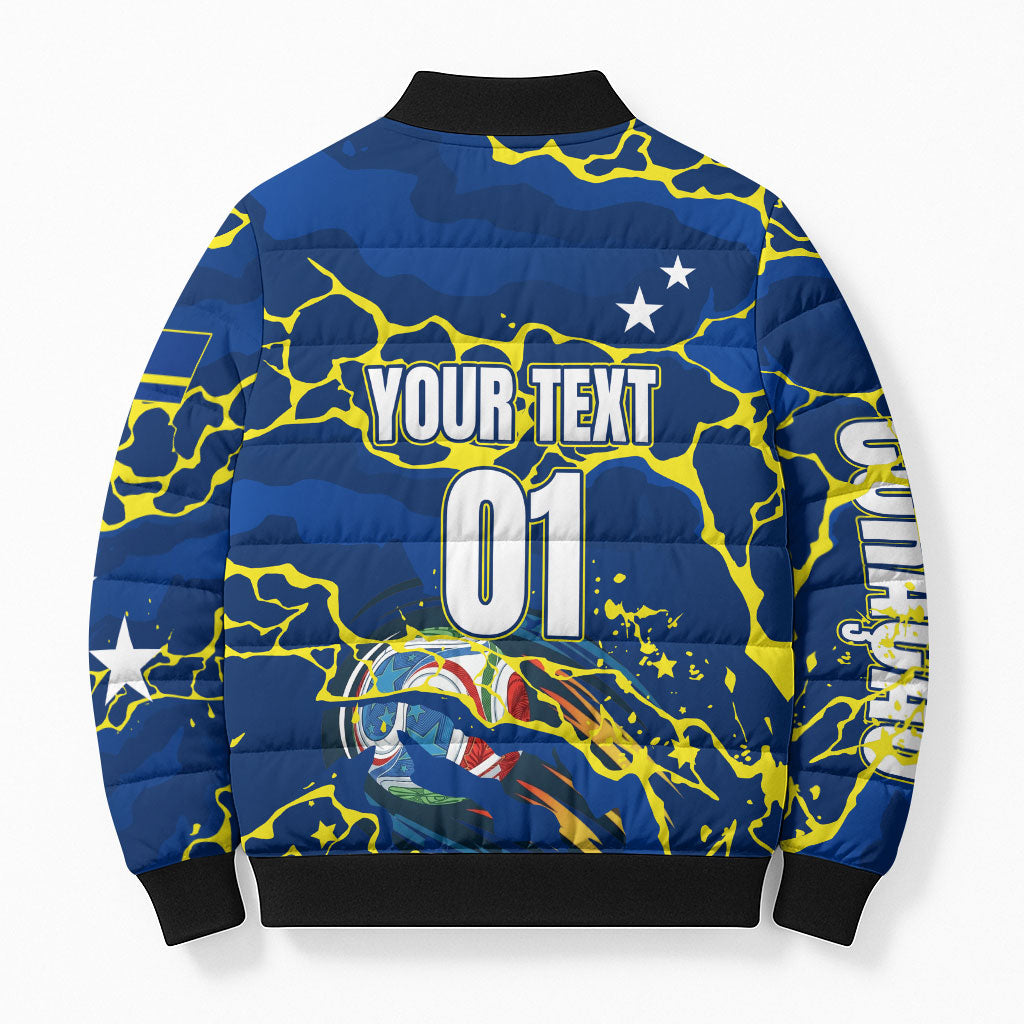 Personalized Curacao Football Bomber Puffer Jacket Caribbean Splash Paint Soccer Graphic