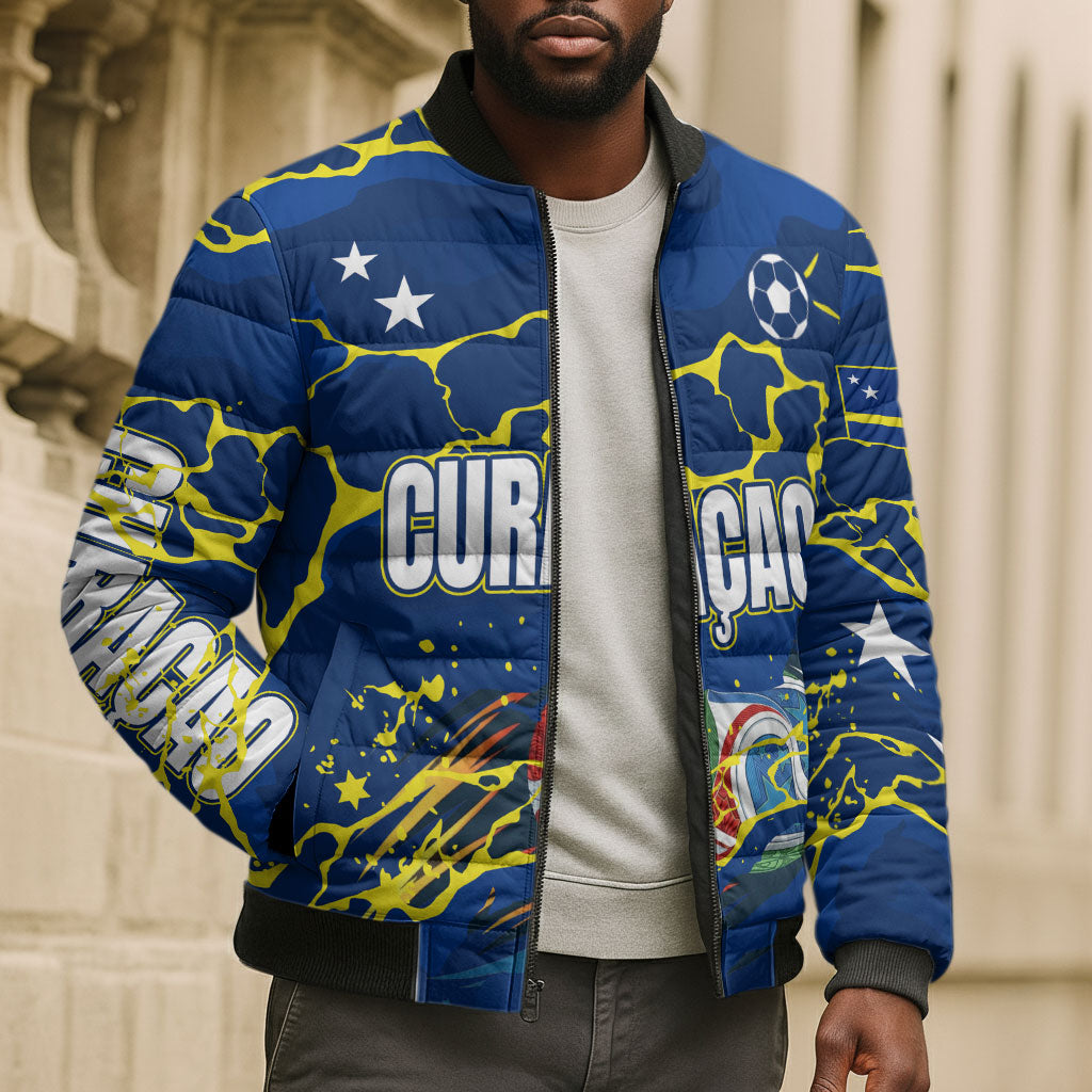 Personalized Curacao Football Bomber Puffer Jacket Caribbean Splash Paint Soccer Graphic