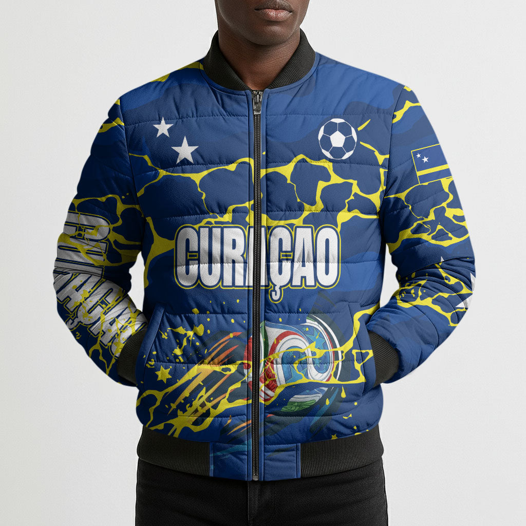 Personalized Curacao Football Bomber Puffer Jacket Caribbean Splash Paint Soccer Graphic
