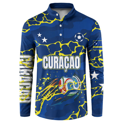 Personalized Curacao Football Button Sweatshirt Caribbean Splash Paint Soccer Graphic