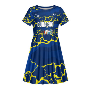 Personalized Curacao Football Kid Short Sleeve Dress Caribbean Splash Paint Soccer Graphic