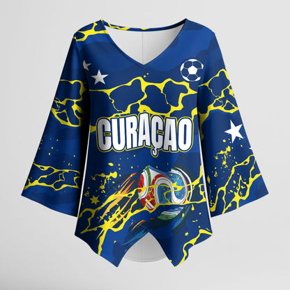 Personalized Curacao Football Kimono Sleeve Blouse Caribbean Splash Paint Soccer Graphic