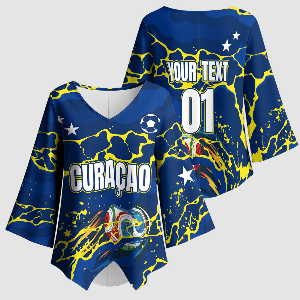 Personalized Curacao Football Kimono Sleeve Blouse Caribbean Splash Paint Soccer Graphic