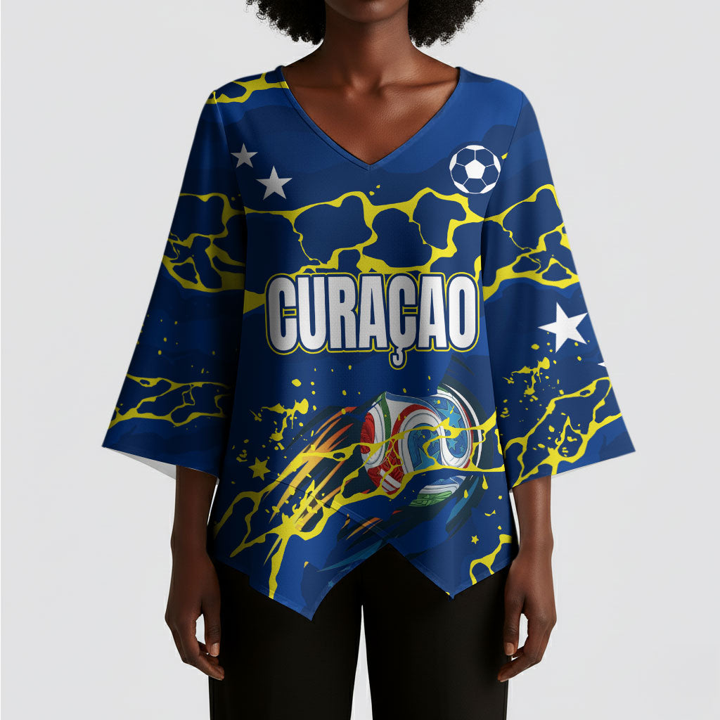 Personalized Curacao Football Kimono Sleeve Blouse Caribbean Splash Paint Soccer Graphic