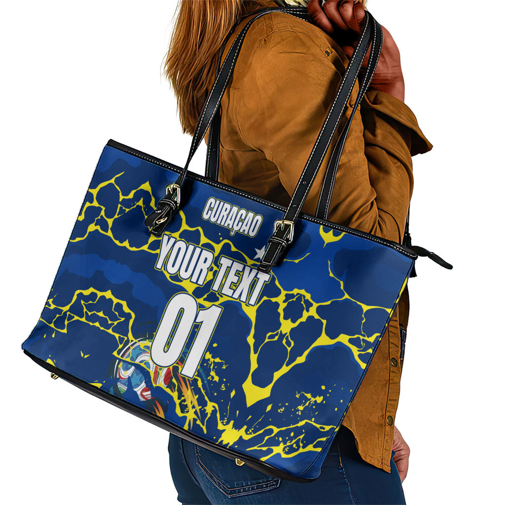 Personalized Curacao Football Leather Tote Bag Caribbean Splash Paint Soccer Graphic