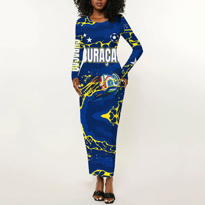 Personalized Curacao Football Long Sleeve Bodycon Dress Caribbean Splash Paint Soccer Graphic