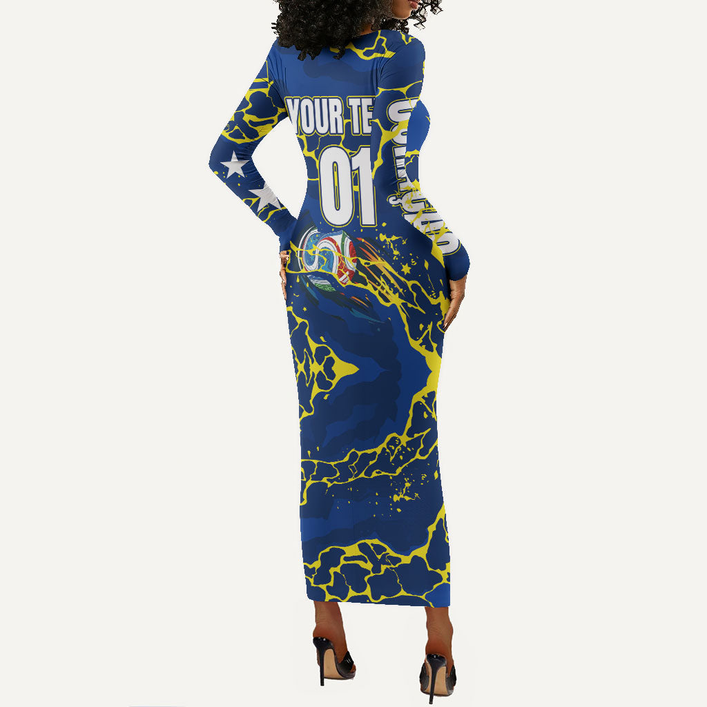 Personalized Curacao Football Long Sleeve Bodycon Dress Caribbean Splash Paint Soccer Graphic
