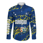 Personalized Curacao Football Long Sleeve Button Shirt Caribbean Splash Paint Soccer Graphic