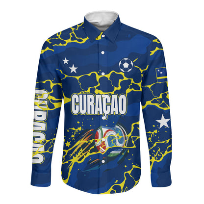Personalized Curacao Football Long Sleeve Button Shirt Caribbean Splash Paint Soccer Graphic